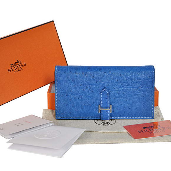 High Quality Hermes Bearn Japonaise Ostrich Leather BI-Fold Wallet H208 Blue Fake - Click Image to Close